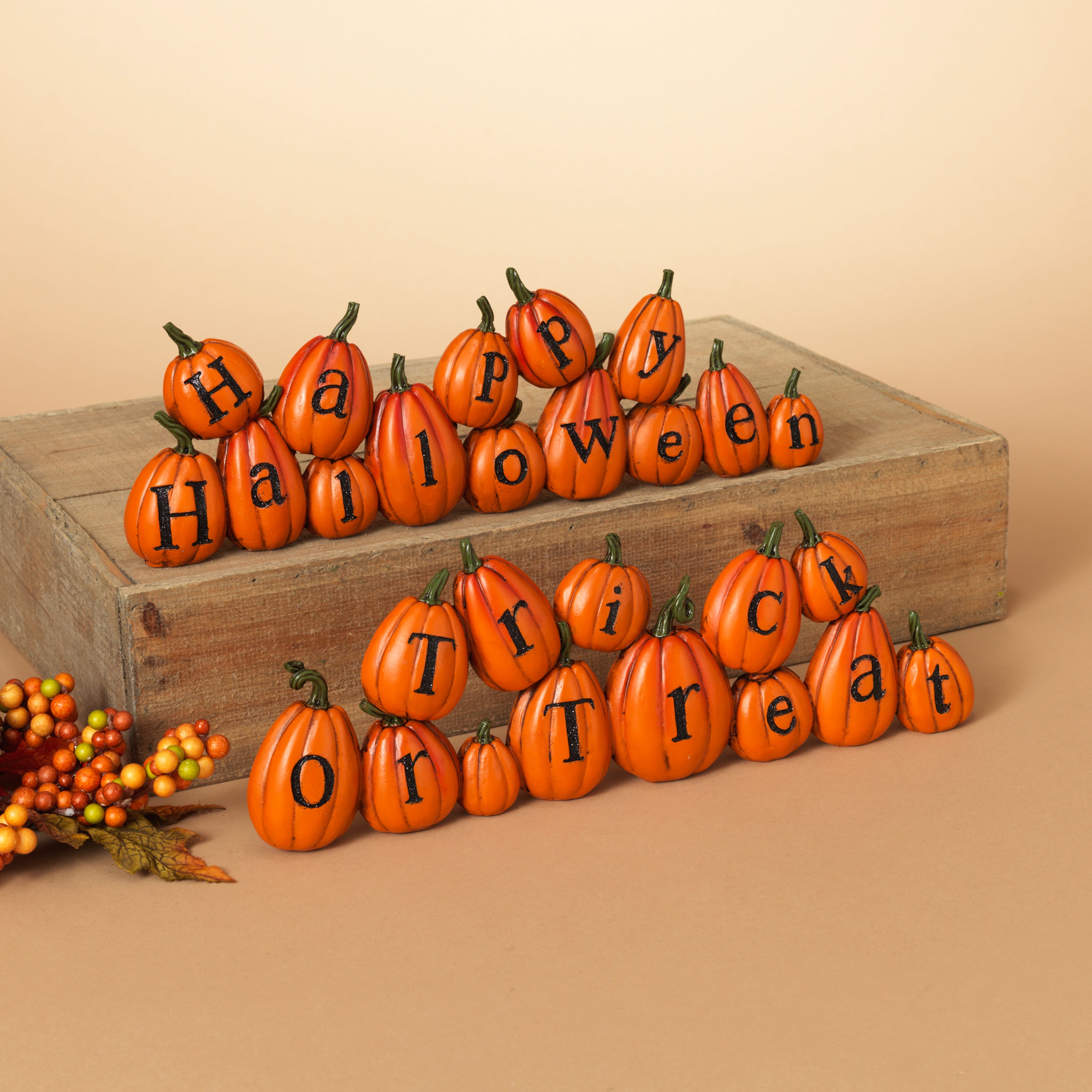 Set of 2 13.7-in Resin Long Pumpkins perched askew spelling out Halloween messages